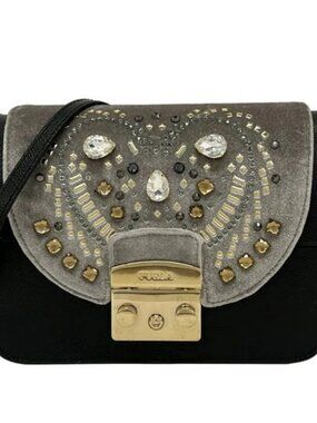 FURLA Metropolis - Dark Navy Gray Leather Velour Shoulder Bag